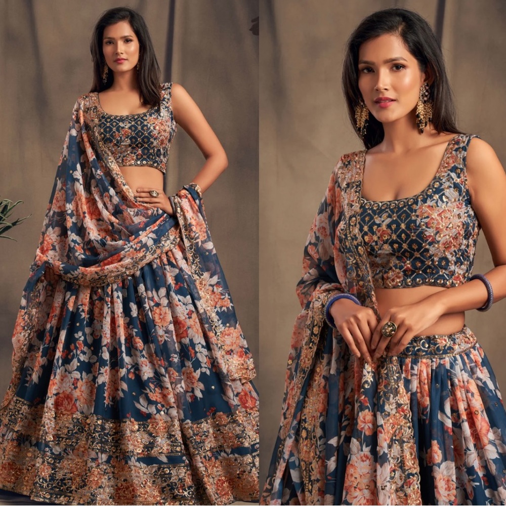 Floral Navy and Rust Lehenga Set with Gold Accents